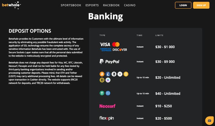 A screenshot of the banking section at BetWhale, one of the best crypto blackjack casinos.